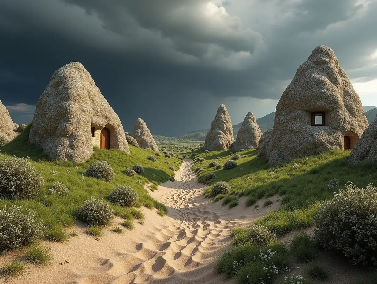 Create a hyperrealistic landscape with extremely realistic limestone rock formations with areas covered in green grass, high resolution and high-quality details, with their doors and windows in every house like ultra-realistic houses in the style of Cappadocia, sandy and sandy ground with scattered bushes full of extremely realistic flowers. On the ground there is a large, wide and deep crack. In the distance, a big storm approaches, made up of dark and dense, hyperrealistic clouds and high-resolution details.