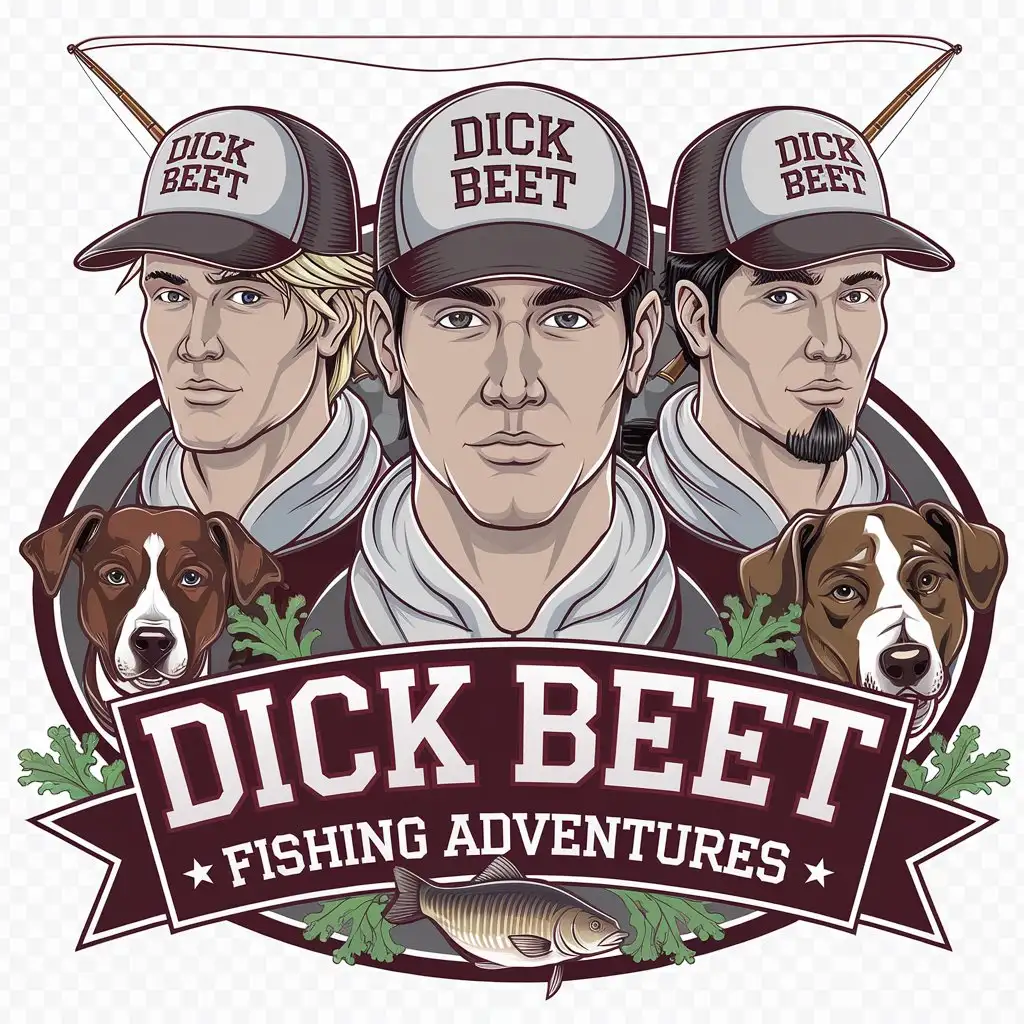 LOGO Design for Dick Beet Fishing Adventures 3 Carp Fishermen with a Brown Dog and Abstract Elements