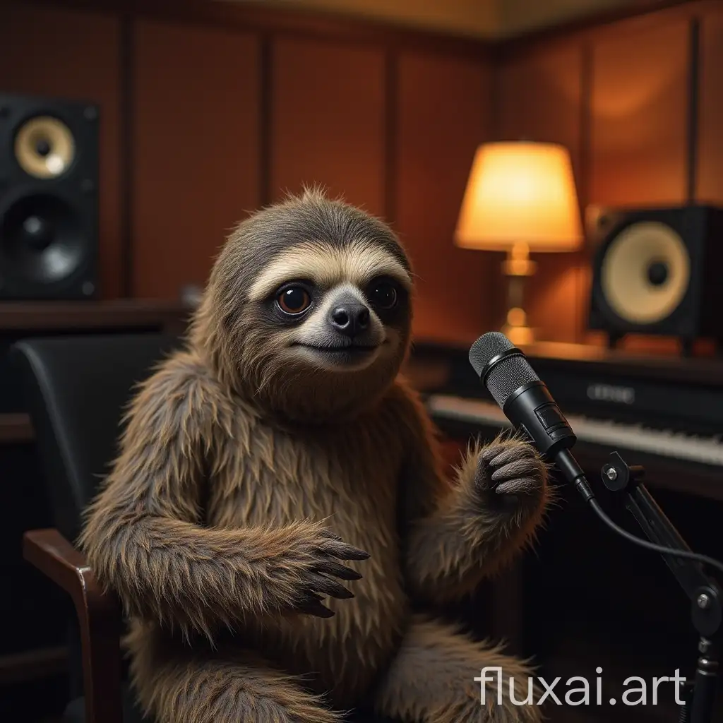 Sloth tells the news of the week against the background of a music studio