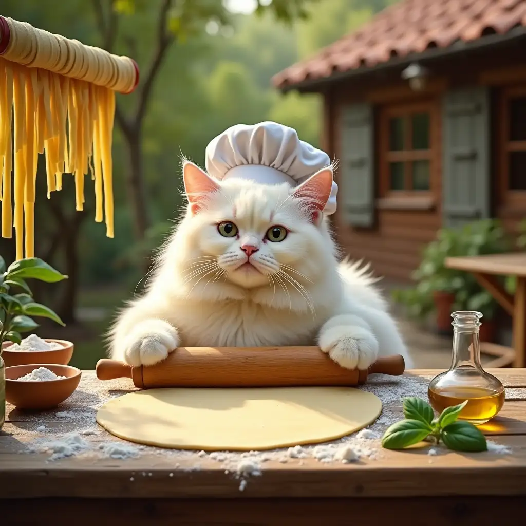 The fluffy white cat, its chef’s hat slightly askew, is carefully rolling out a sheet of dough with a wooden rolling pin. Its oversized paws press the dough flat on the rustic wooden table, while strands of freshly cut fettuccine hang from a pasta drying rack nearby. Beside the table are small bowls of flour for dusting, a jar of olive oil, and a handful of fresh basil. The golden sunlight highlights the rich textures of the dough, while the surrounding lush garden and rustic wooden cottages create a serene, inviting setting.