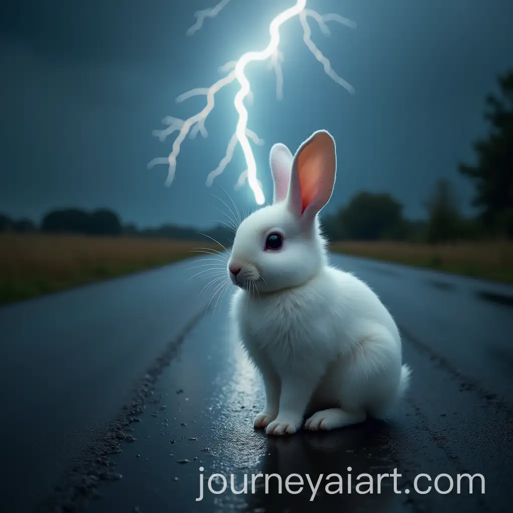 Fluffy-White-Rabbit-on-Wet-Road-Under-Stormy-Sky-with-Lightning