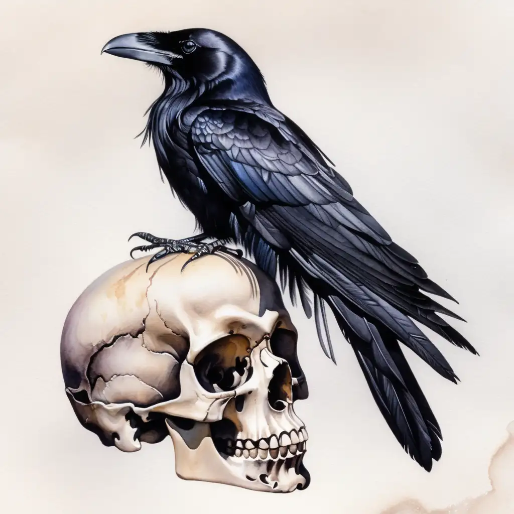 Aesthetic Watercolor Black Raven Perched on Human Skull