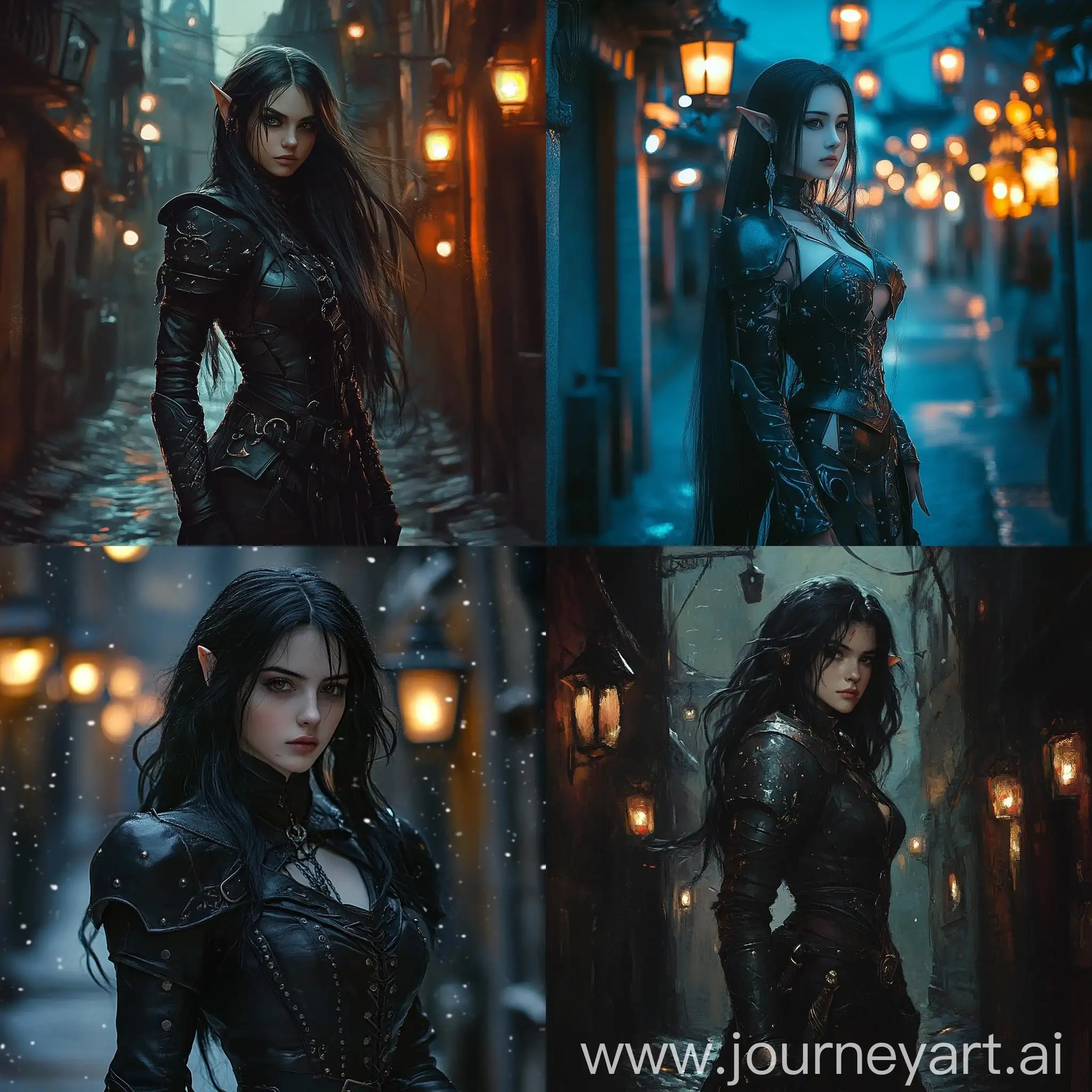 Elven-Warrior-Girl-in-Leather-Armor-at-Night-Lanterns