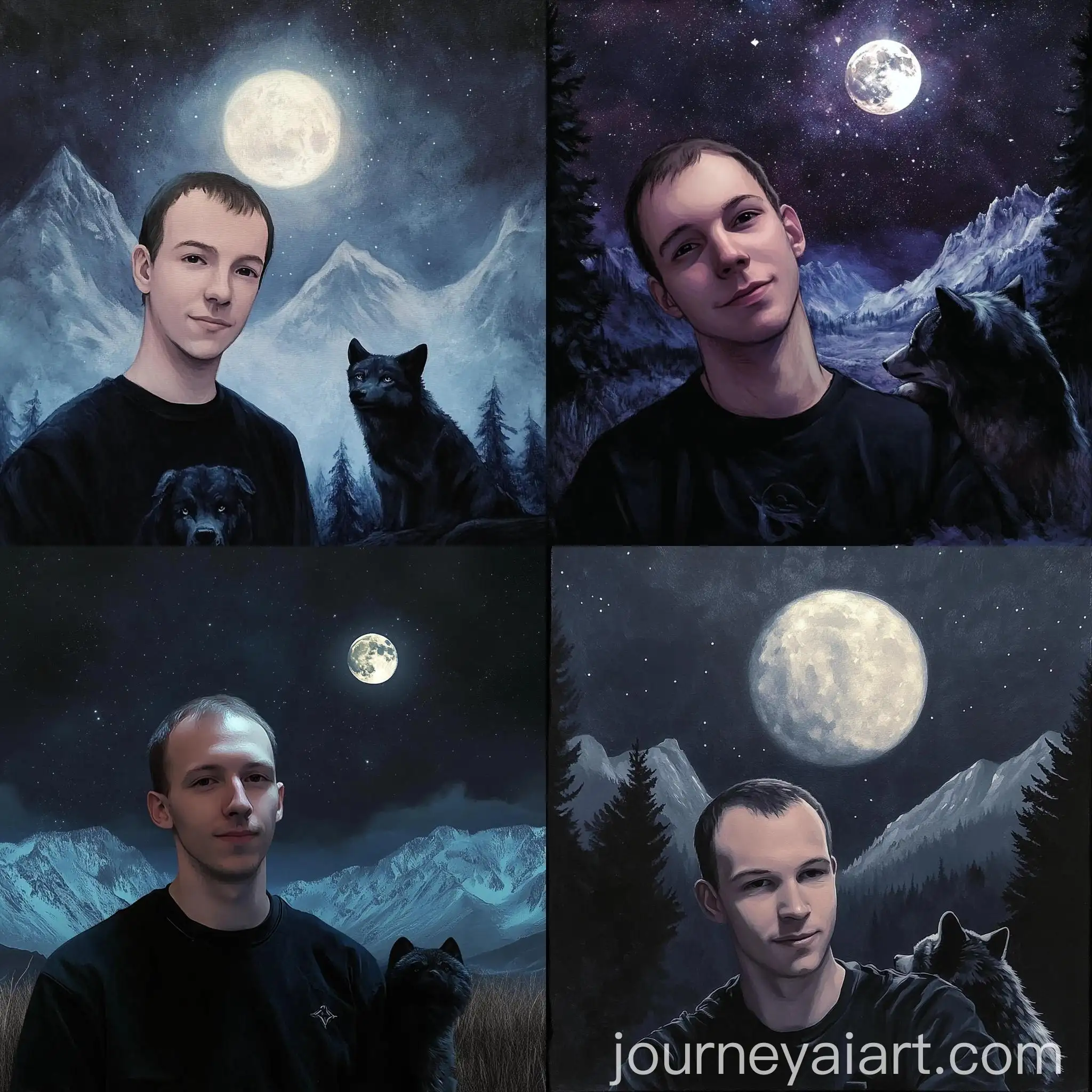 Man-and-Wolf-Gazing-at-Night-Sky-with-Moon-and-Mountains