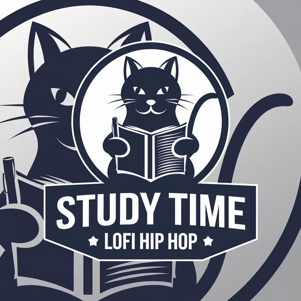 LOGO Design for Study Time Lofi Hip Hop Monochrome Navy Blue Silhouette of Cat Pen and Book