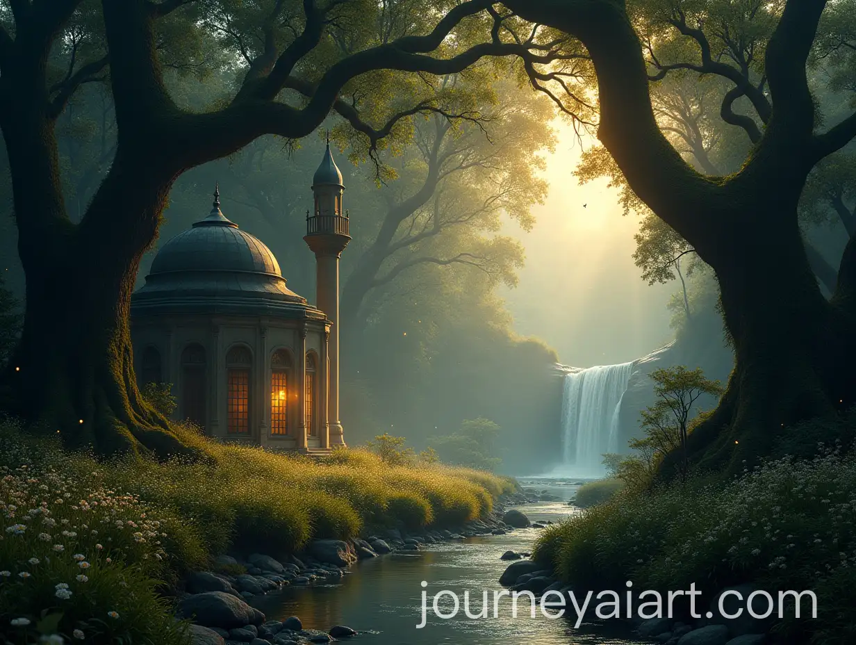 Magical-Twilight-Mosque-Surrounded-by-Ancient-Trees-and-Misty-Landscape