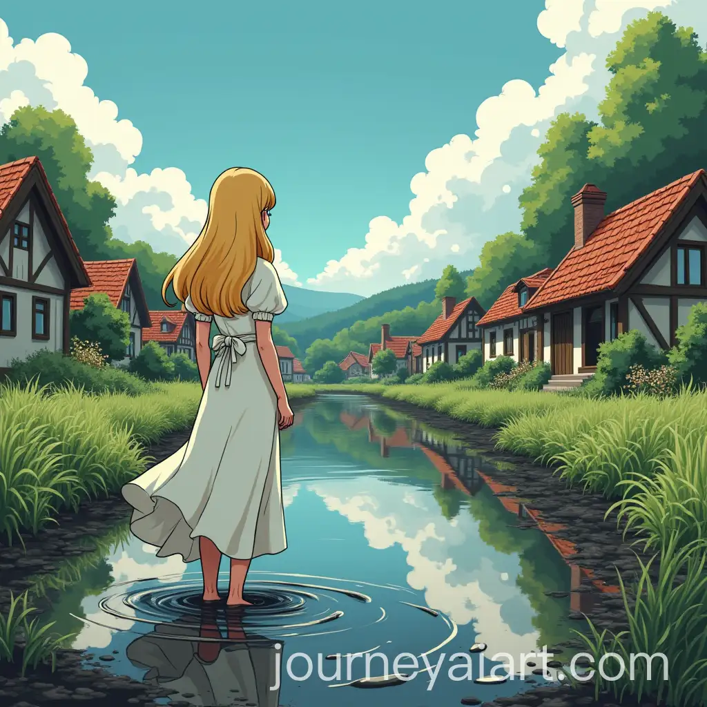Young-Woman-in-White-Dress-Standing-by-Village-Houses-in-Black-Mud