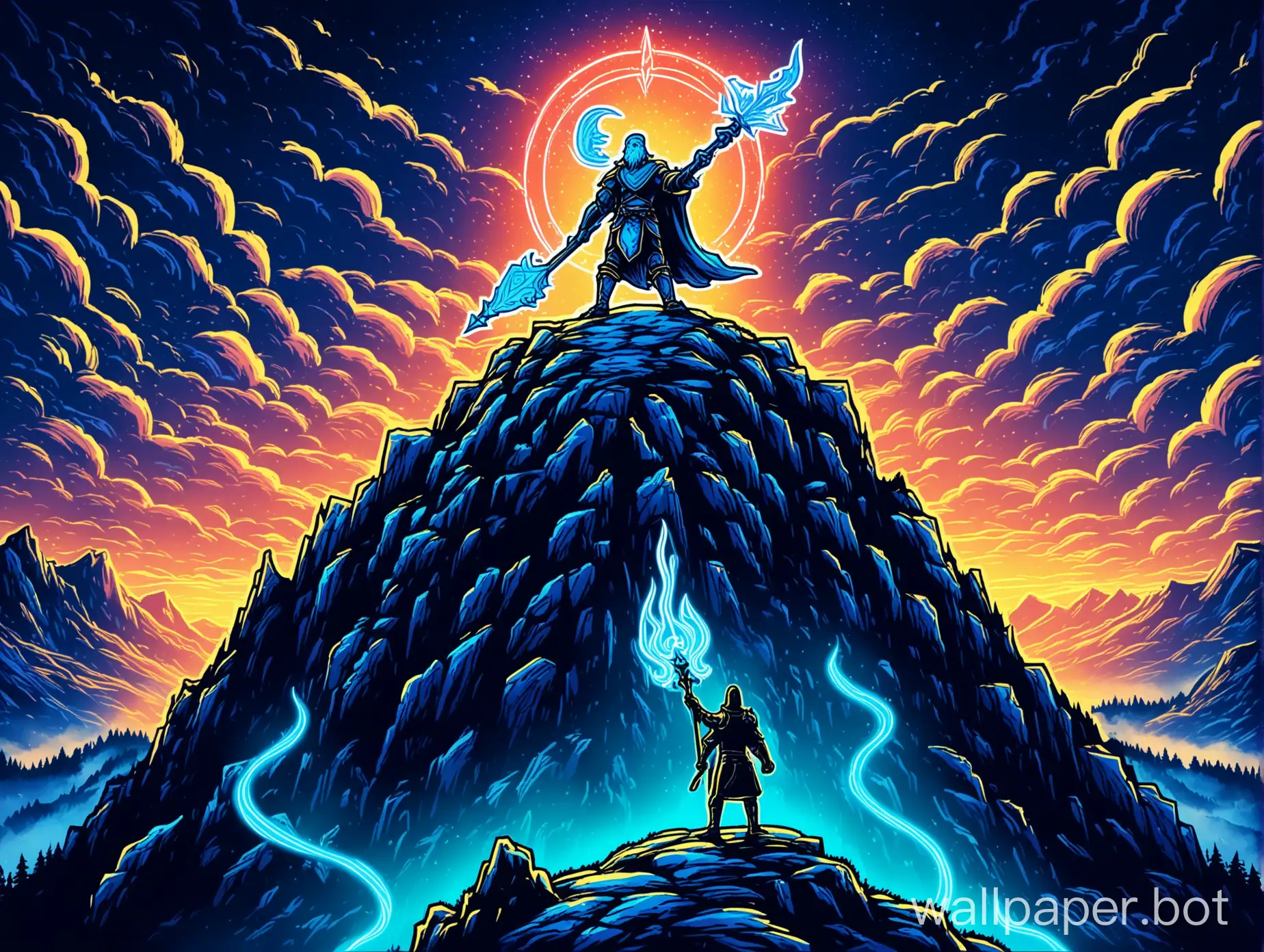 beautiful landscape, Scandinavia, neon outline, hero standing on top of a mountain, fantasy art. dungeons and dragons art style. the hero is holding holding a staff to the sky,casting blue spell