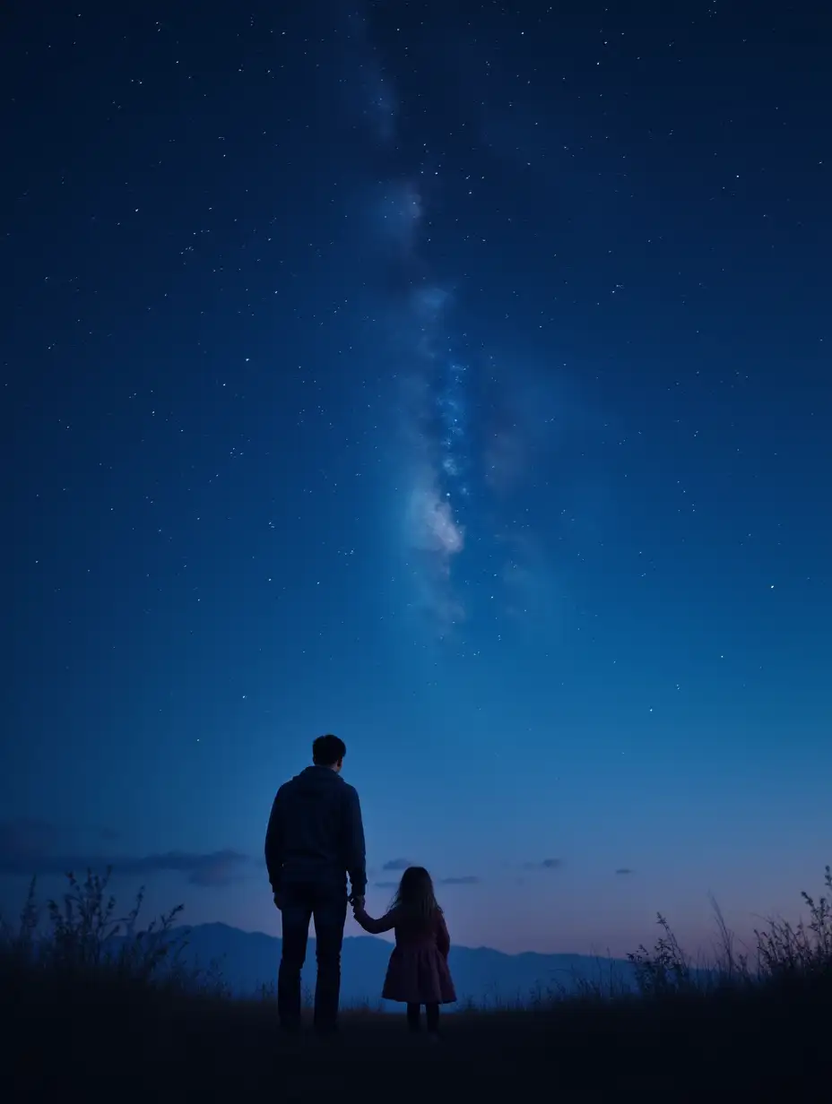 father and daughter look at the starry sky