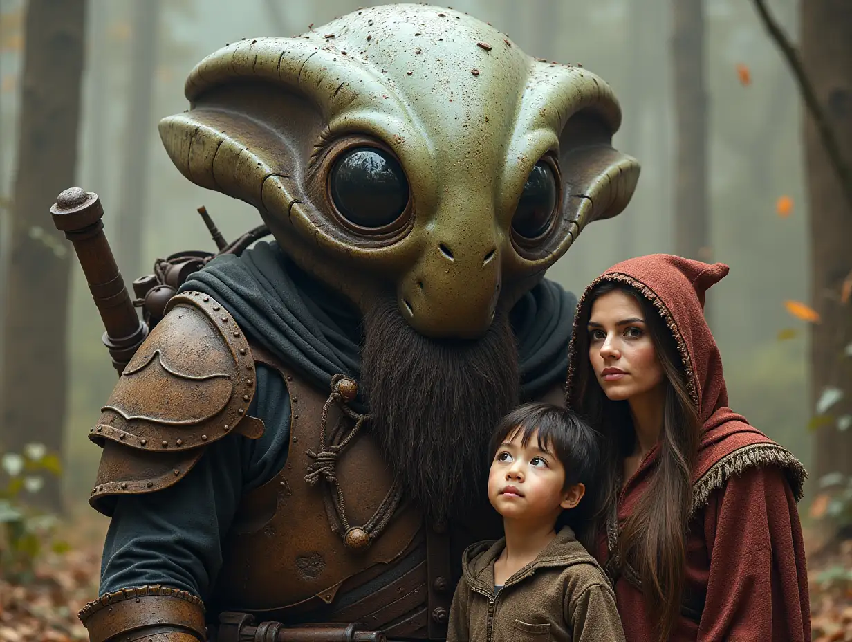 Ki-Fantasy family,Man,Woman, and Children, giant alien face with beard and with wooden armor equipment