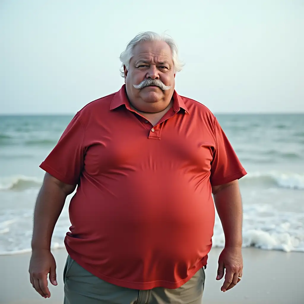 photo of fat old geriatric man standing at the beach, red spedo, detailed face, full body visible, grey mustache