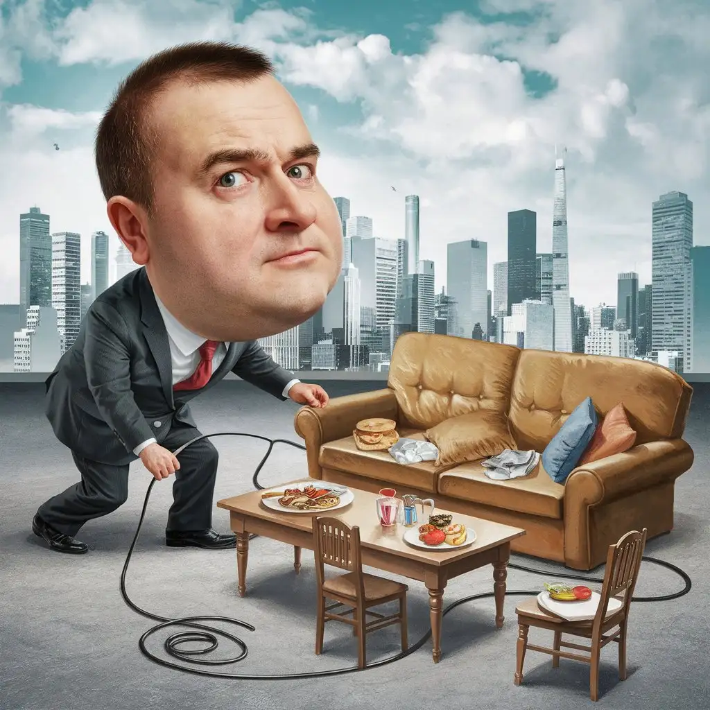 Vasily is the first to bring the internet into his new apartment, and he sets up a sofa, table, chairs, and food where the cable will go. A clear, detailed, humorous, surreal, and caricature-like illustration
