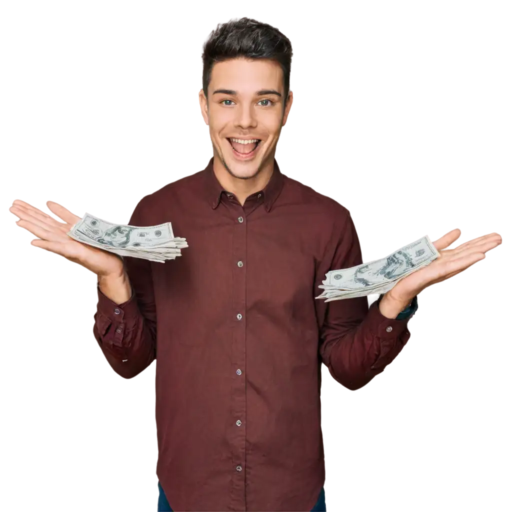 Young happy man with open hands and many dollar bills flying around him