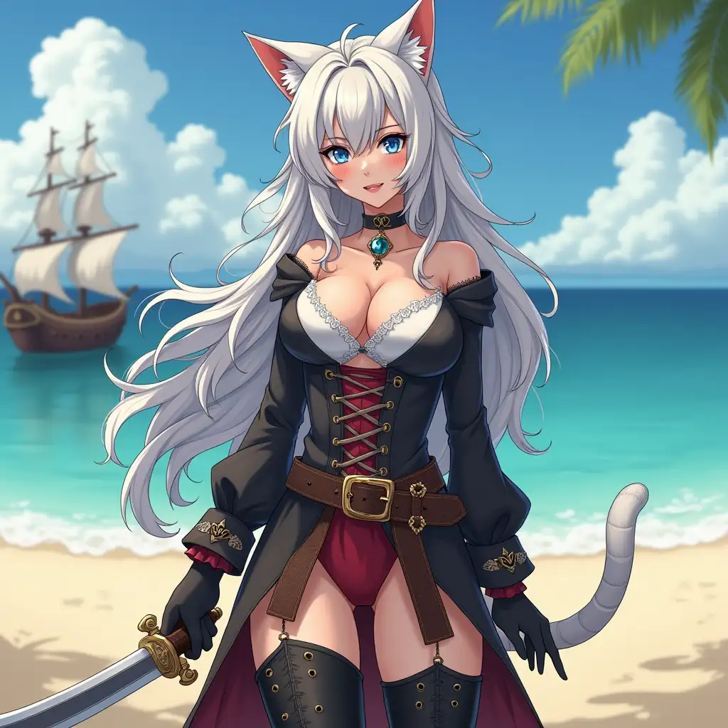 A mature adult feline/woman dressed as a pirate with a sword on a beach.  A pirate ship in the background. Her 30-something years are disguised by her youthful facial features, except for her subtle wrinkles around the eyes, extremely slender body. Her ample bosom strains against her clothing, threatening to burst free from the fabric, extreme cleavage.  Wearing black thigh high pirate boots. She has piercing blue cat eyes. A choker adorns her neck, a subtle hint at her feline nature. Her long, white hair cascades down her back like a wild waterfall, tangled and disheveled. Her cat-like teeth glint in the light, as her white fur-lined ears punctuate her visage with sparkling black and gold earring adorns each ear, adding a touch of elegance to her feline features. Cat whiskers on her face. The attached tail at the base of her spine stirs lazily.  Long fingernails. Full body view. Anime.