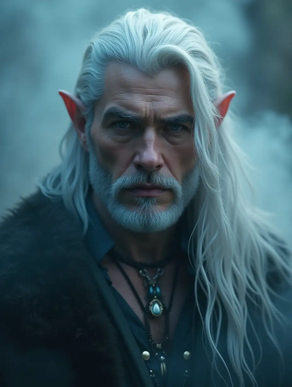 Thick smoke, fog, cold steam, handsome realistic elf man, bold and courageous, exquisite jewelry, long white hair, close-up. Frost, moonlight, soft lighting, dark palette, necrostilism, surrealism, dark fantasy, Aesthetics of Gothic horror HDRi