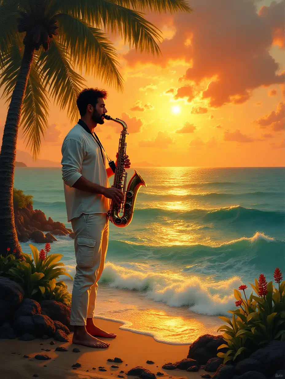 a mesmerizing sunset by the ocean, beautiful Hawaiian nature, a  barefoot saxophonist in white trousers and a loose shirt is standing in front of the ocean and playing jazz, sun is glittering on the sax, peaceful Hawaiian landscape with a warm, golden sunlight, flecked painting, volumed strokes of the paintbrush, aesthetic, atmospheric style of George Inness’s