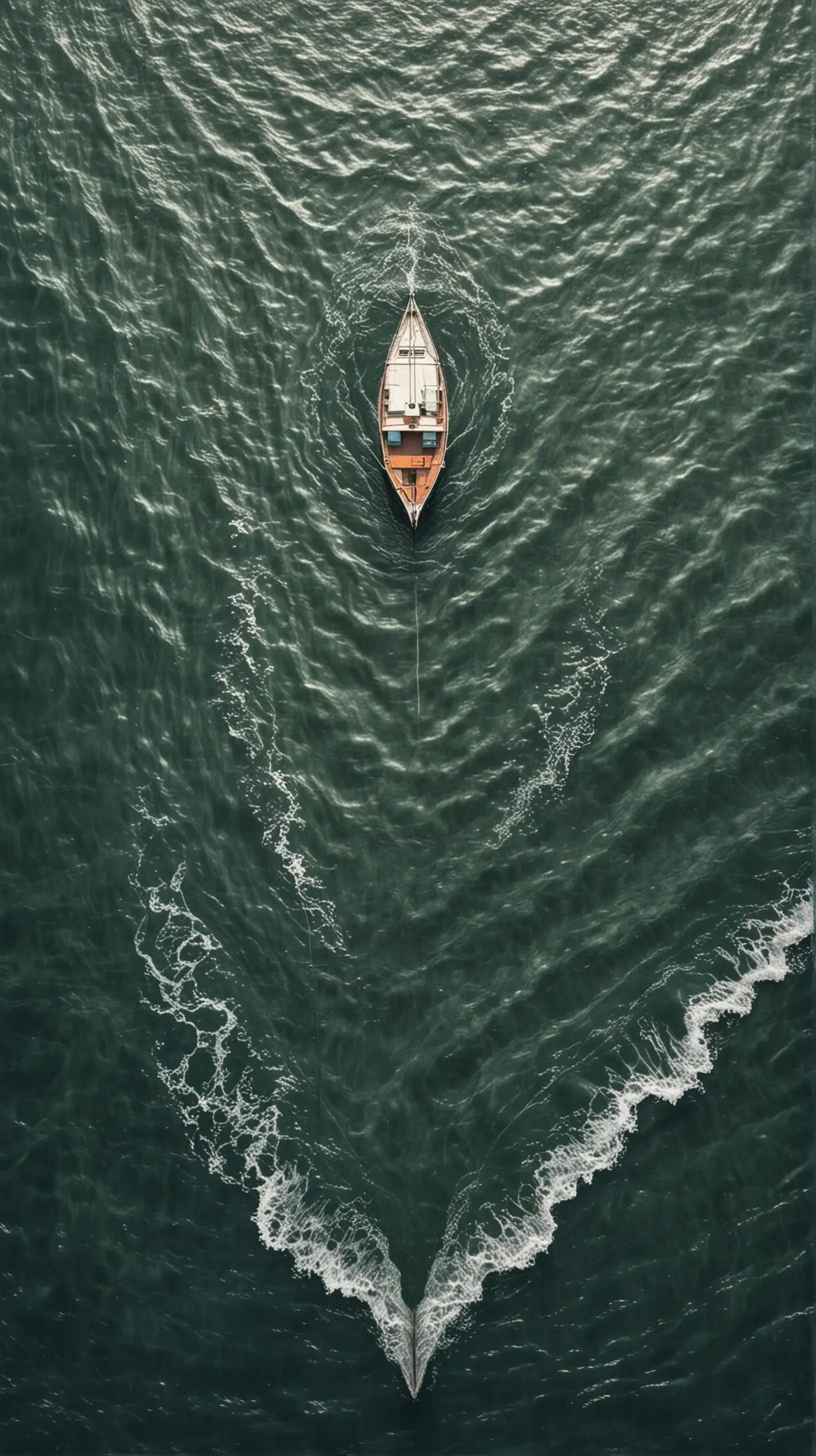 Calm Sea Wave Forming Triangle Boat Etching Water