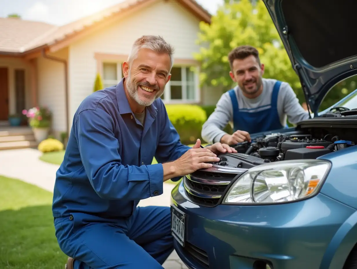 create a person repairing a car, both owner and mechanic are happy. its a bright sunny day, the car is at owners driveway and the home is at the background