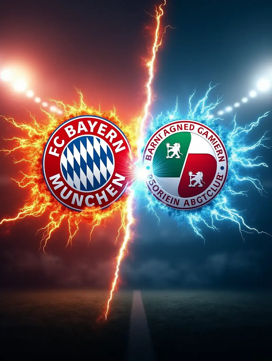 A dynamic football match poster, Bayern Munich vs Augsburg logos clashing dramatically, photorealistic style, red Bayern Munich lion emblem emerging from crimson flames on the left side, white-green-red Augsburg logo surrounded by electric blue lightning bolts on the right, stadium atmosphere in the background, lens flares, motion blur effects, sports typography, metallic accents, 4K resolution, cinematic lighting, high contrast, dramatic composition --ar 16:9 --v 5 - 1280х760 px