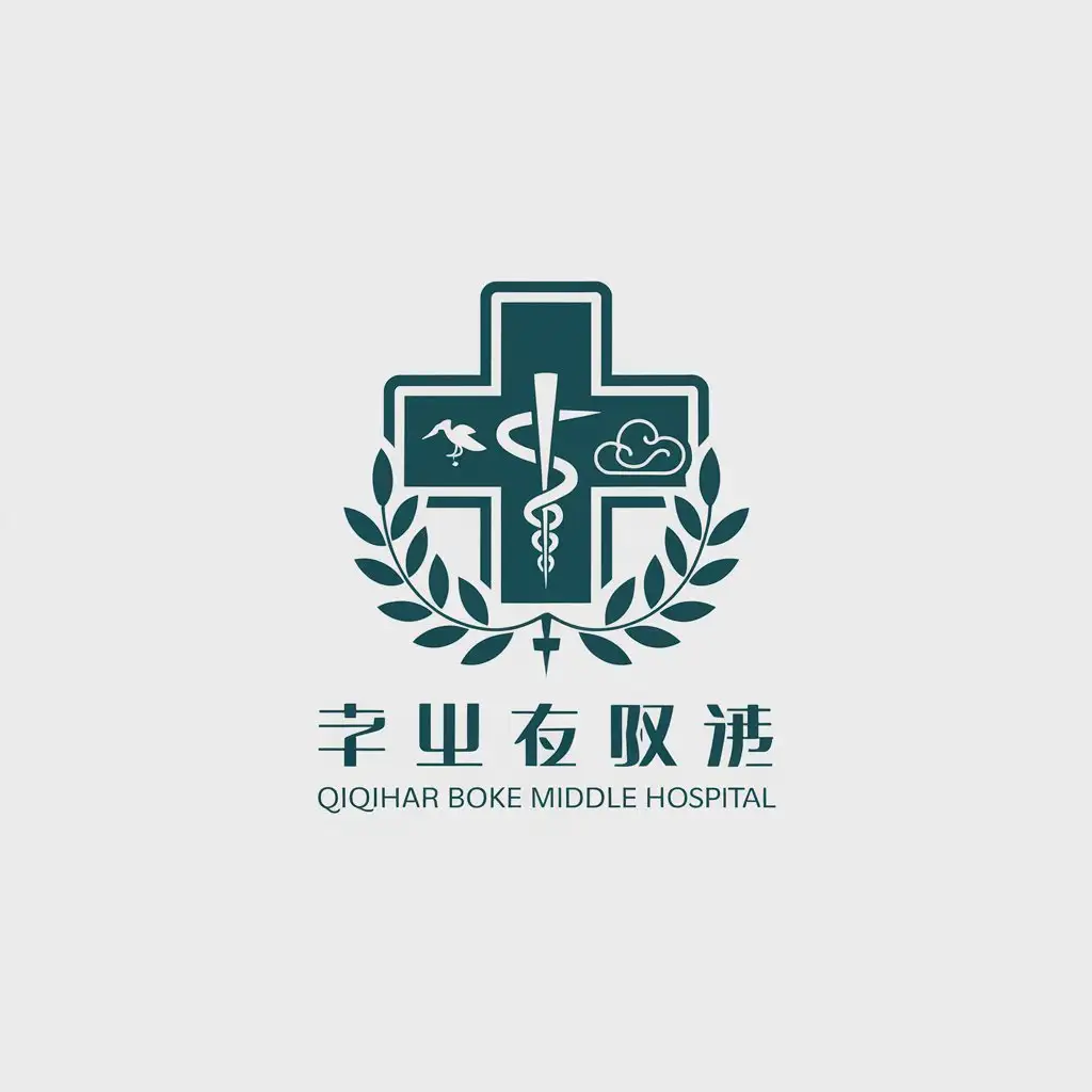 a vector logo design,with the text "Qiqihar Boke Middle Hospital", main symbol:Medical, cross, olive branch, crane, cloud pattern, ring,Minimalistic,be used in Medical Dental industry,clear background