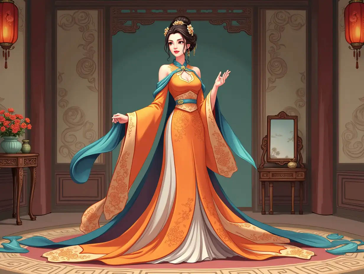 draw a digital illustration of a beautiful lady in a traditional Chinese dress. She is standing in a room with ornate decorations and pillars in the background. The  lady is wearing a long, flowing orange and blue dress with intricate patterns and designs, is Tang dynasty style . She has a blue and orange scarf draped over her shoulders. Her hair is styled in a bun and she is looking off to the side with a serious expression on her face. The room appears to be filled with furniture and decorations, including a wooden table with a vase of flowers and a mirror on it. The floor is covered with a patterned rug. The overall style of the illustration is reminiscent of traditional Chinese art.