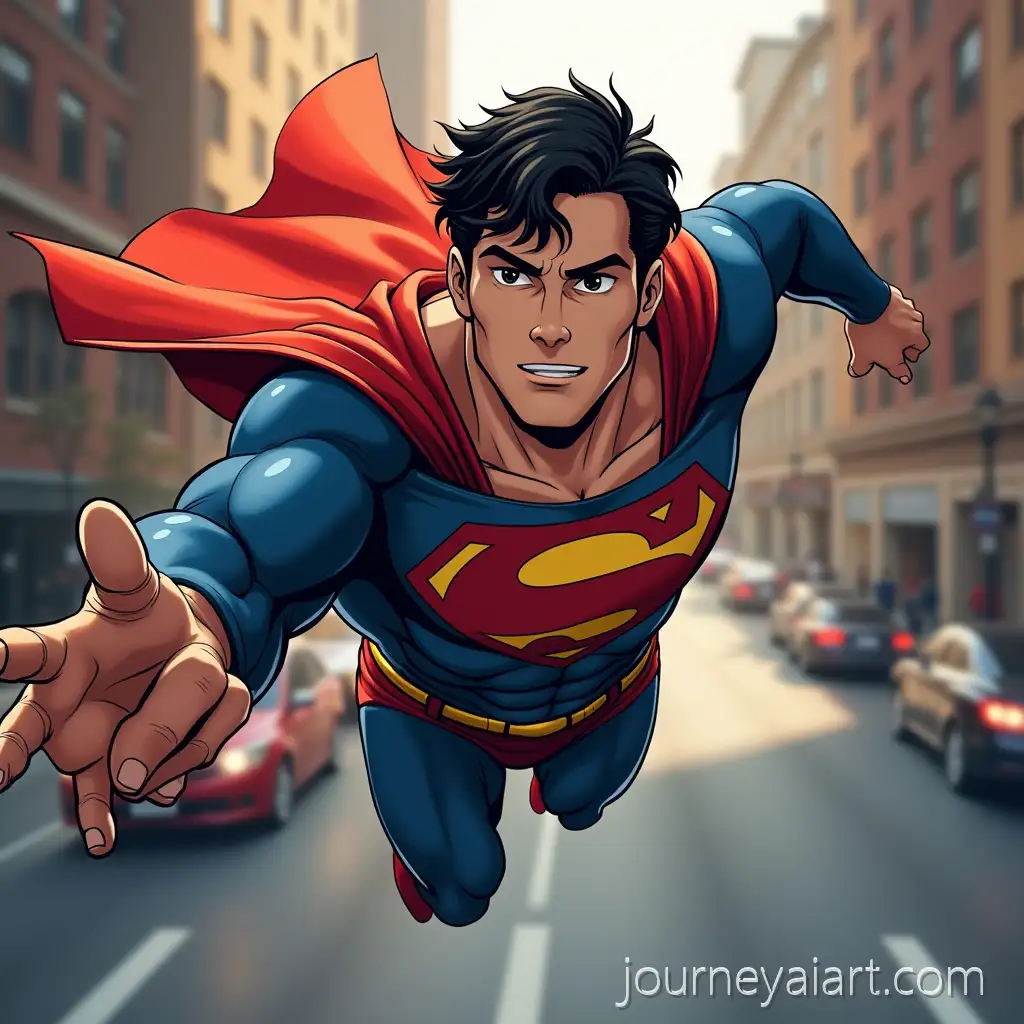Superhero-Flying-in-CityHero-in-Red-Blue-and-Gold-Super-Suit-Flying-Through-City-Streets