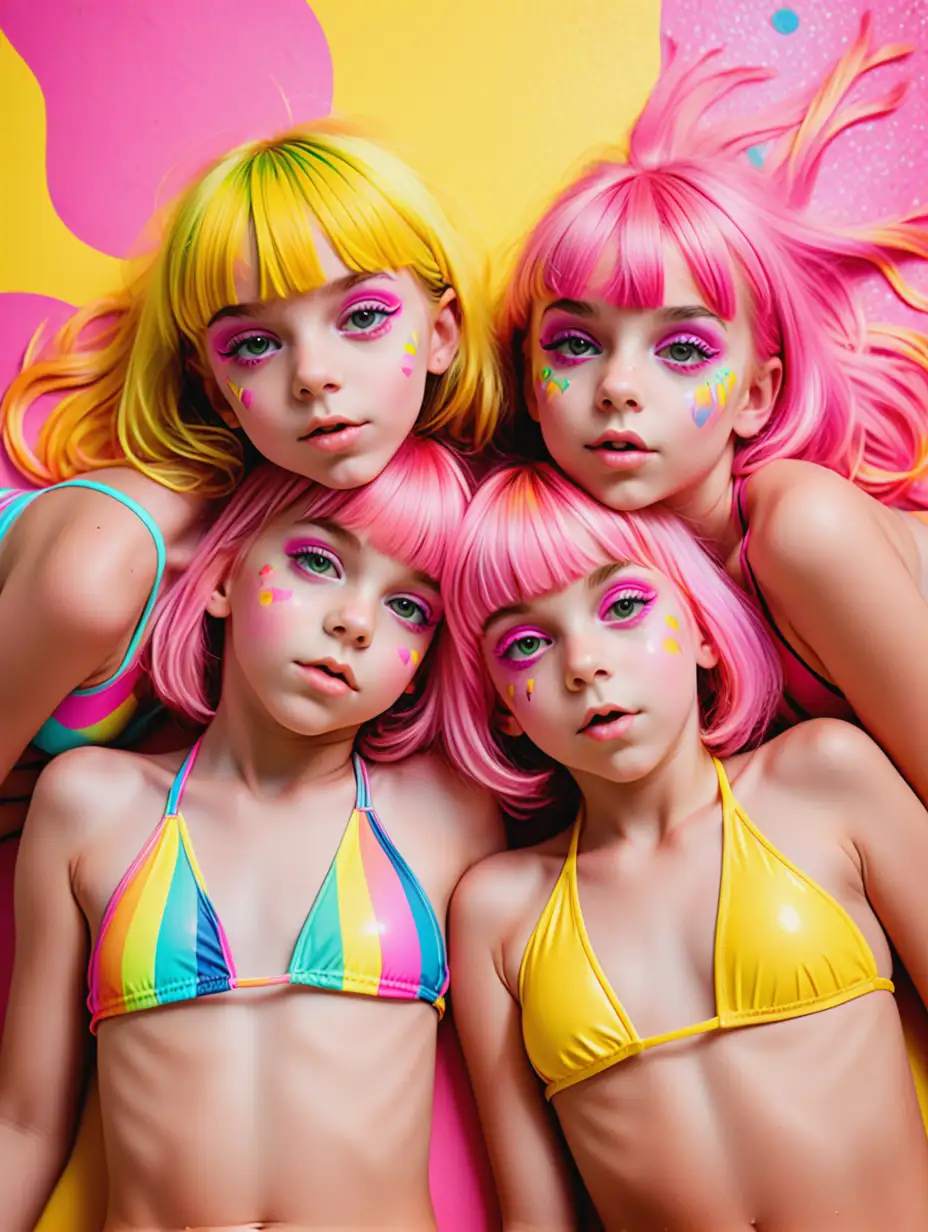 Three-Girls-with-Colorful-Hair-Hugging-and-Kissing-in-Psychedelic-Swimwear-Scene