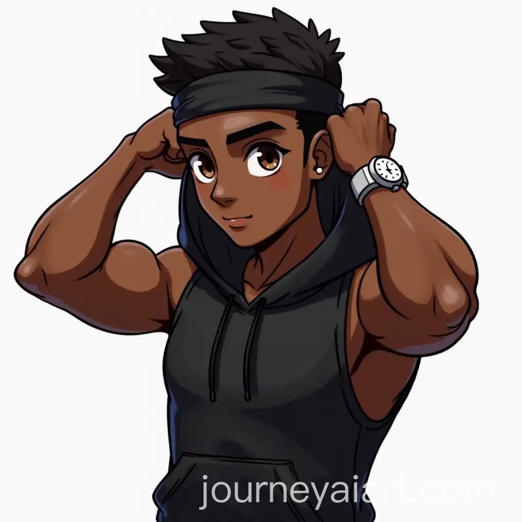Chibi-Style-African-Man-Flexing-Muscular-Arms-in-Black-Sleeveless-Hoodie