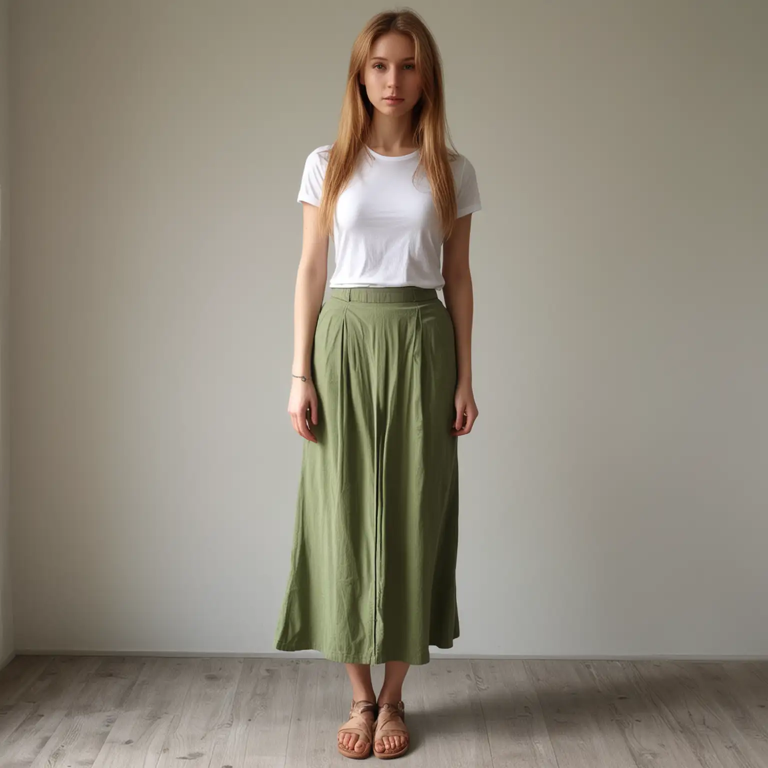 Scandinavian-Woman-in-Elegant-Green-Skirt-and-White-TShirt