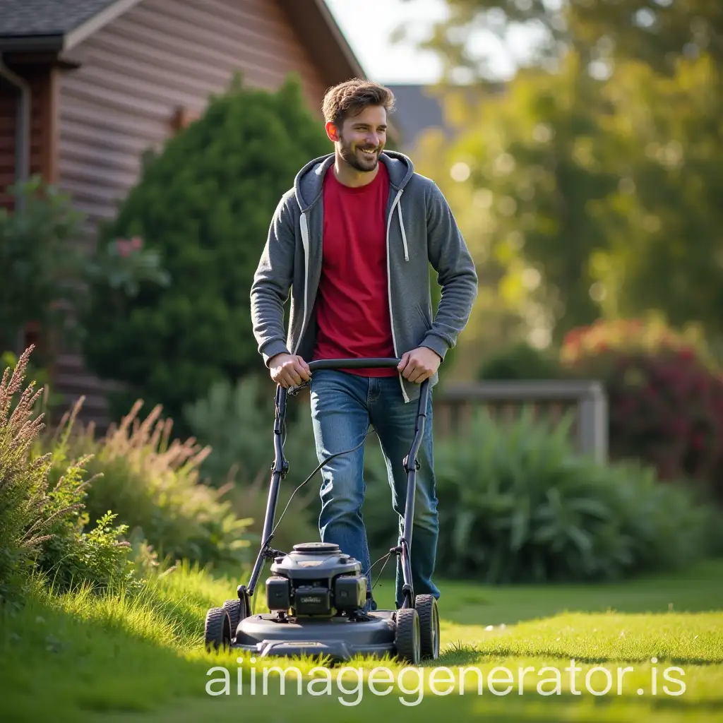 Young-Man-Mowing-the-Lawn-in-Jeans-Red-Tshirt-and-Grey-Hoodie