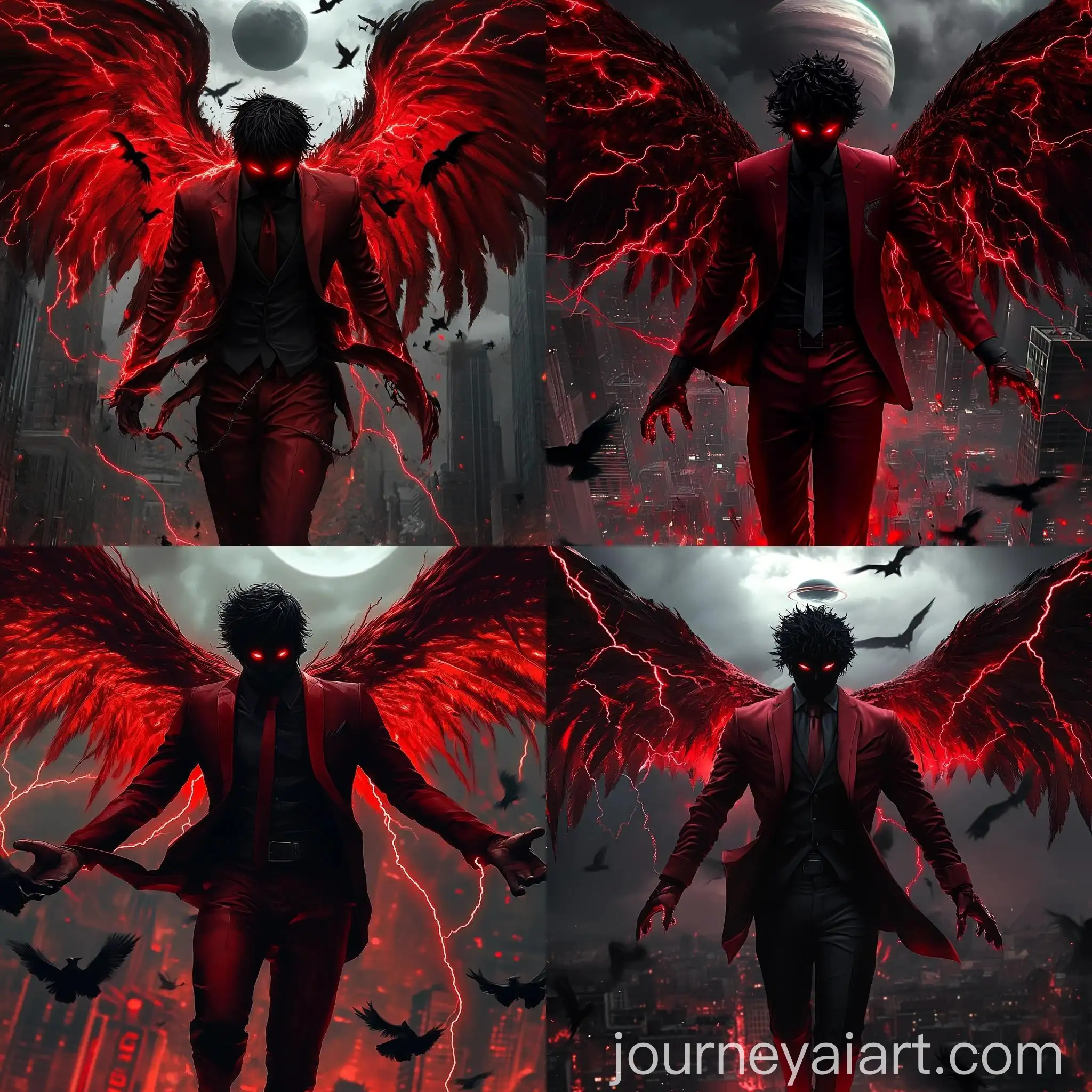 Crimson-Winged-Figure-Soaring-Amidst-Black-Birds-and-Red-Lightning