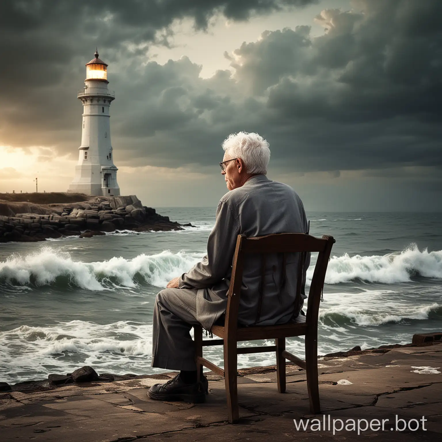 i want to put this proverb 'every leg will be watered according to what it has sown and your Lord is not unjust to anyone' with background , where we have the back head of an old man wearing glasses and white hair sitting on a chair in port and looking to the horizon, with an old lighthouse in the photo but still lighting with sad men face