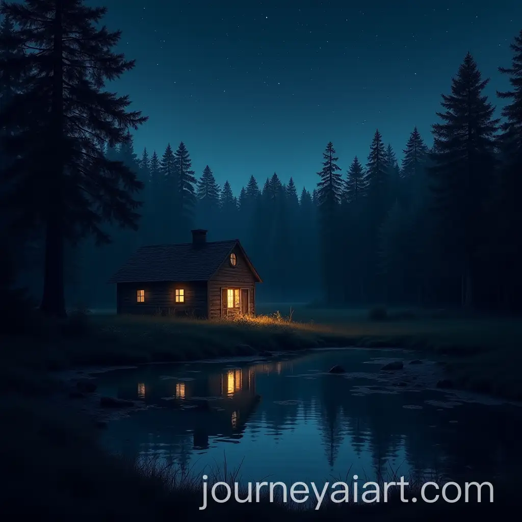 Man-Discovering-Old-Cottage-at-Night-by-Forest-with-Starlit-Reflections