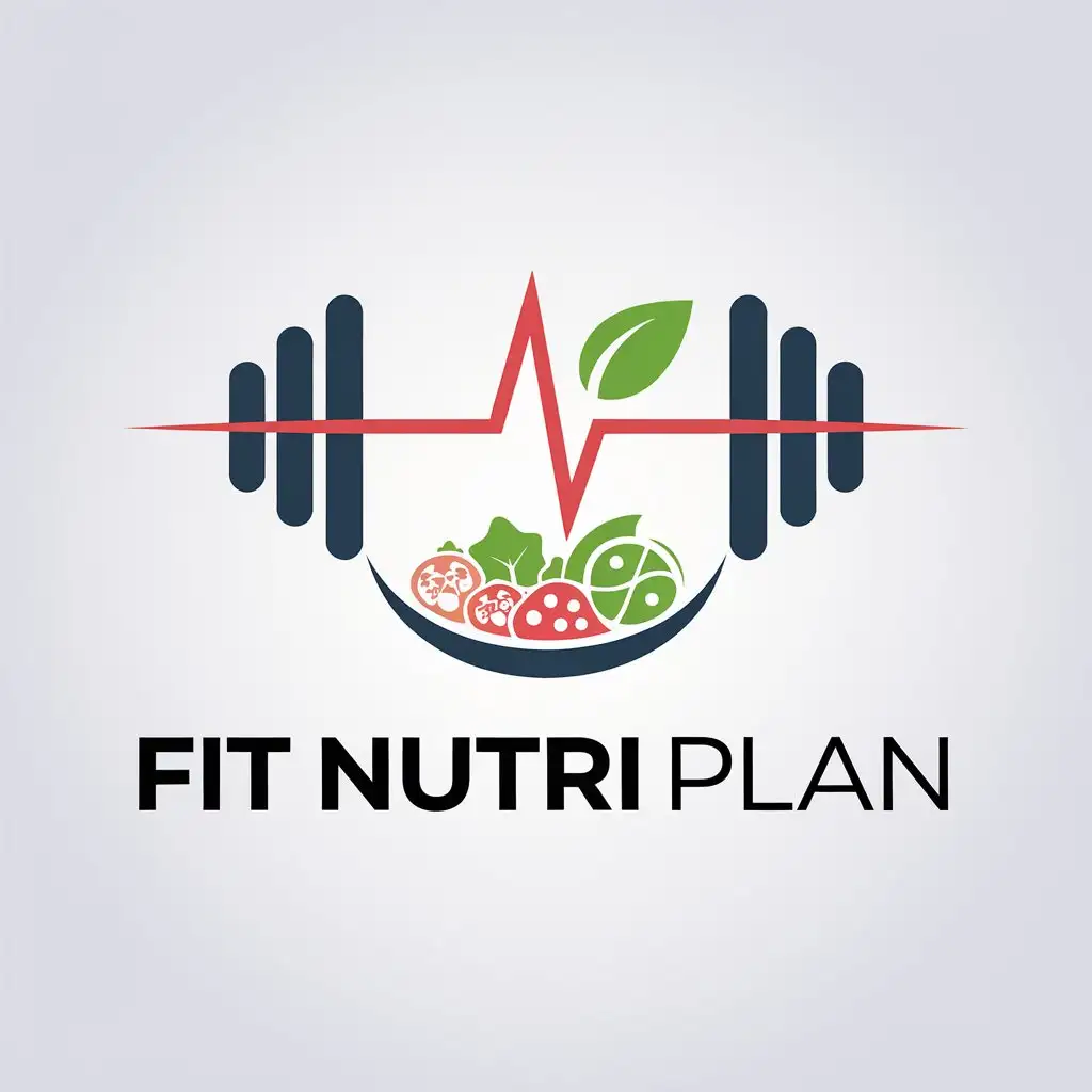 LOGO Design for Fit Nutri Plan Red Heartbeat Line Dumbbell Leaf Healthy Food Plate Theme