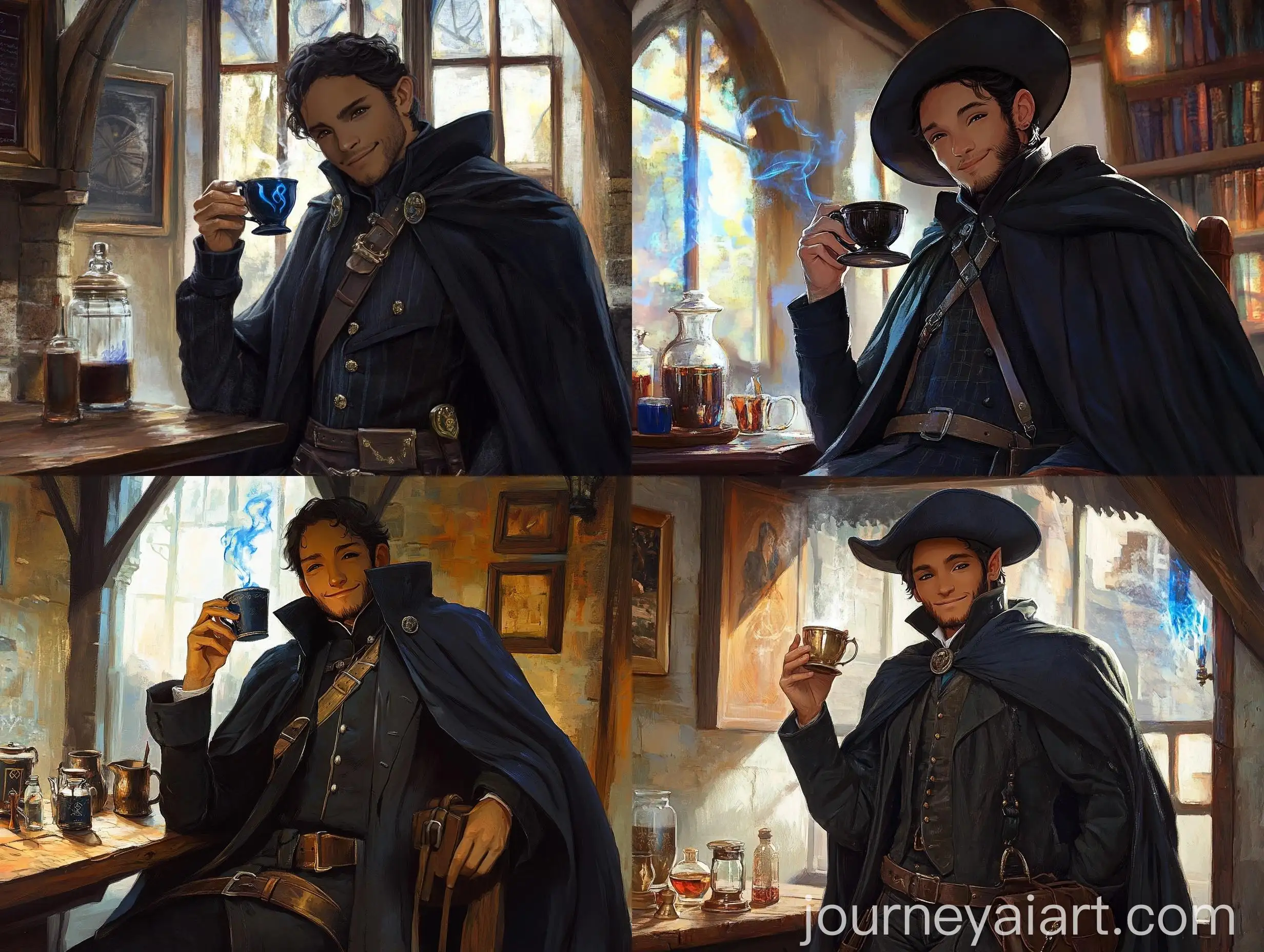Wizard-Scholar-Drinking-Tea-in-an-Inn-with-Blue-Magic-Flames