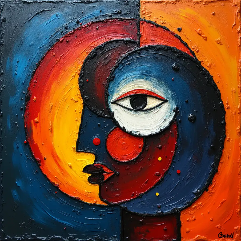 A primitive cell-like painting, spiral face in the style of Kandinsky, Malevich, minimalism, simplified for a beginner artist with acrylics many colors, constructivism abstractionism