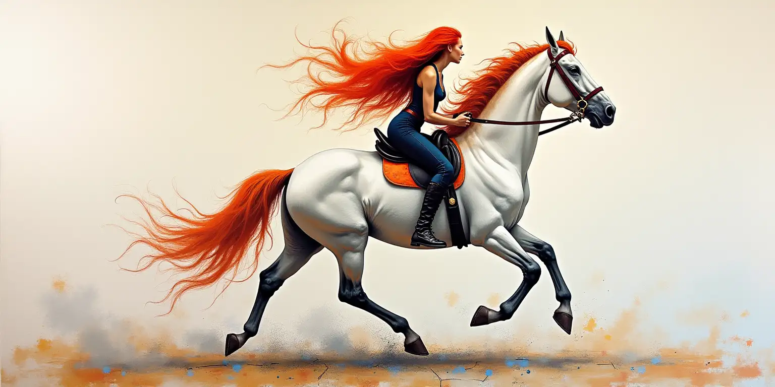 Vibrant Painting of a White Horse with RedHaired Female Rider