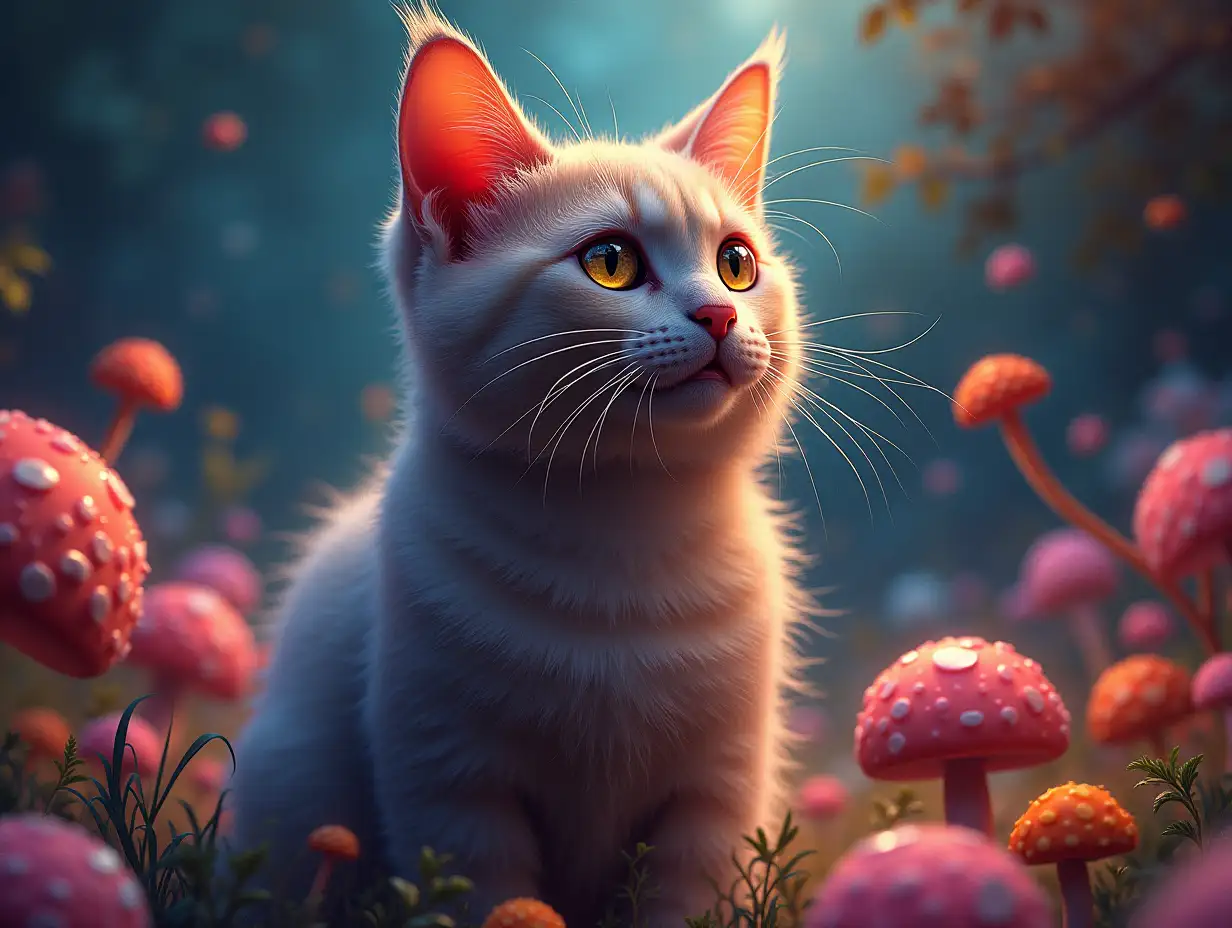 psychedelic cat who thinks is a cat on mushrooms