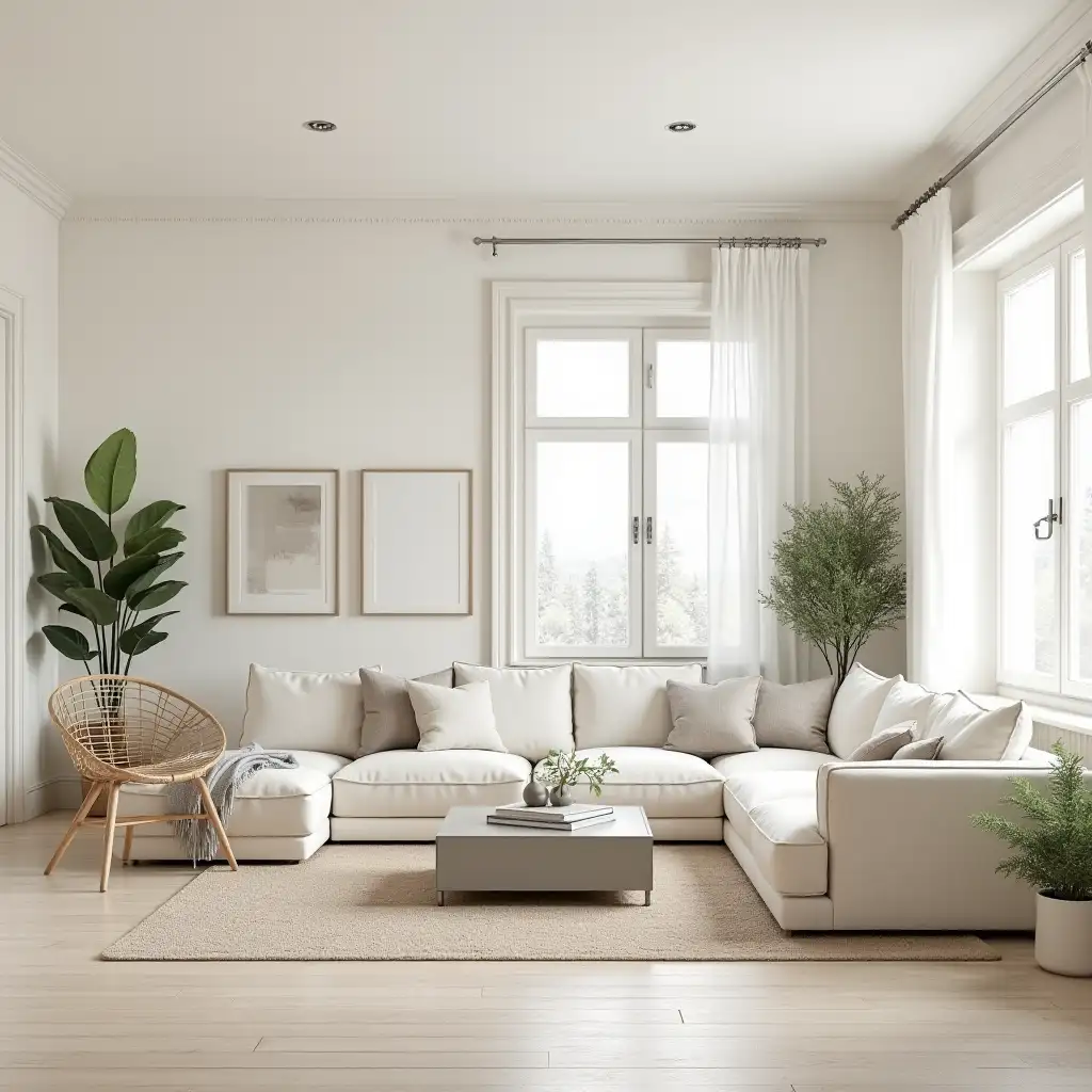 A modern, airy living room with soft cream-colored walls and light grey trim around the baseboards, windows, and door frames. The room features minimalist Scandinavian design with a mix of light wood and soft grey furniture. A large cream sofa sits across from a low-profile grey coffee table on a textured neutral rug. Floor-to-ceiling windows allow natural light to flood the space. There are a few leafy green plants, sheer white curtains, and abstract wall art in muted tones. Accents include silver or chrome lighting fixtures and natural materials like a rattan chair or light oak shelving. The overall mood is calm, fresh, and inviting.