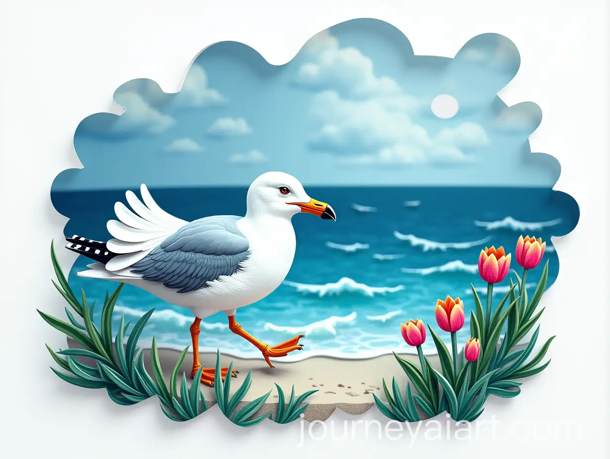 Whimsical-Surreal-Scene-of-a-Seagull-with-Tulips-Running-on-a-Wild-Beach