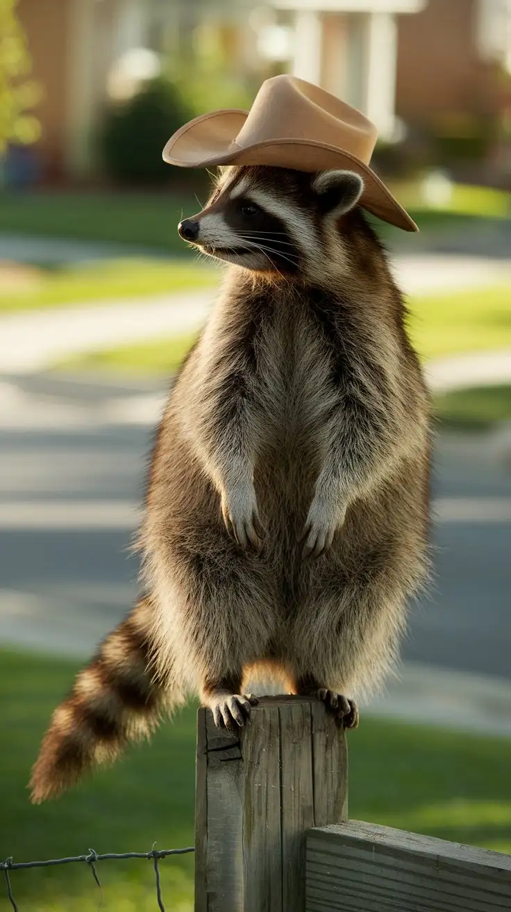 Raccoon-in-Cowboy-Hat-on-Fence-Post-in-Suburban-Backyard