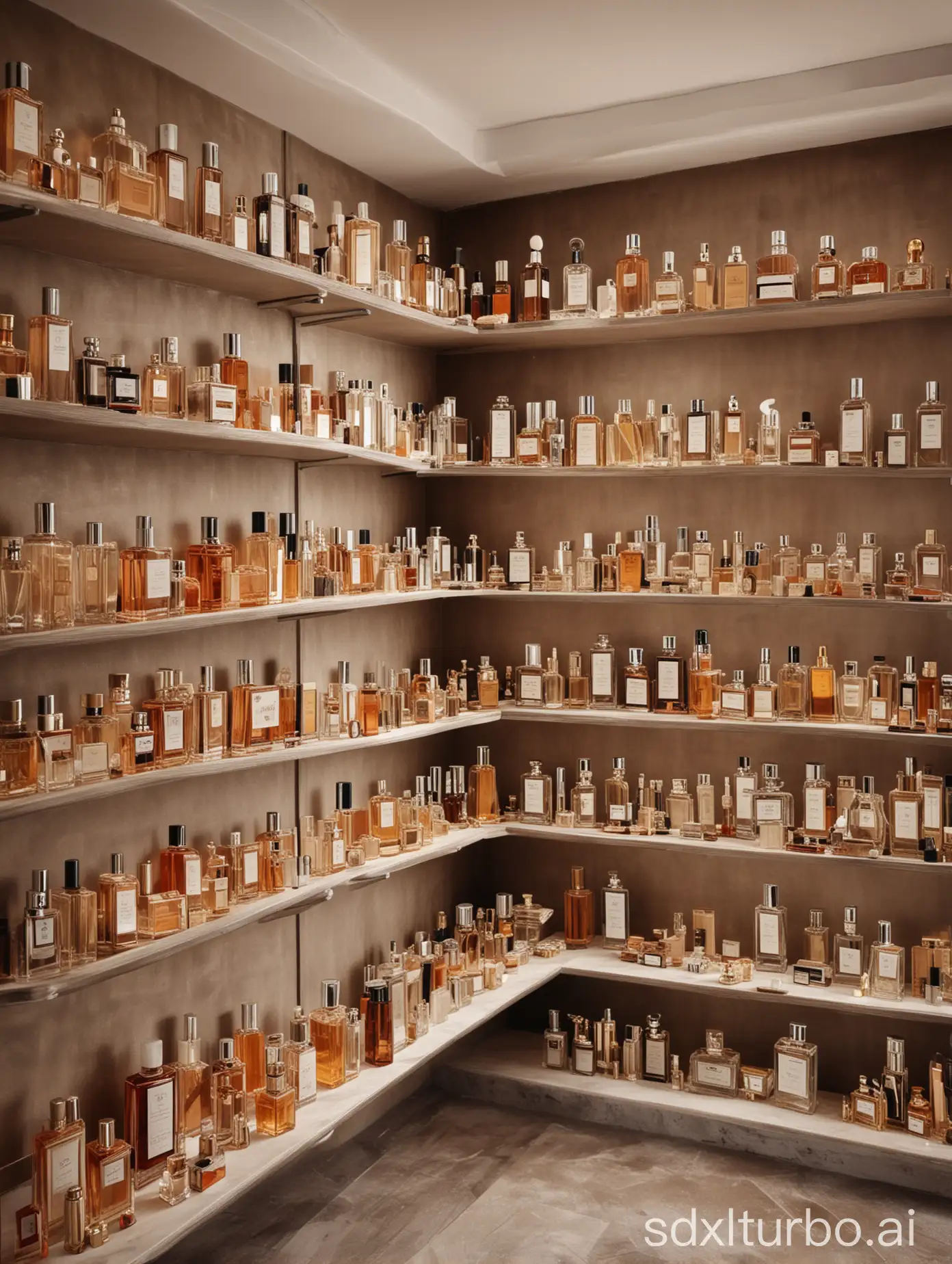 lots of perfume bottles on the shelves, perfumes  in the background, niche perfumes, elegant room, niche perfumery interior