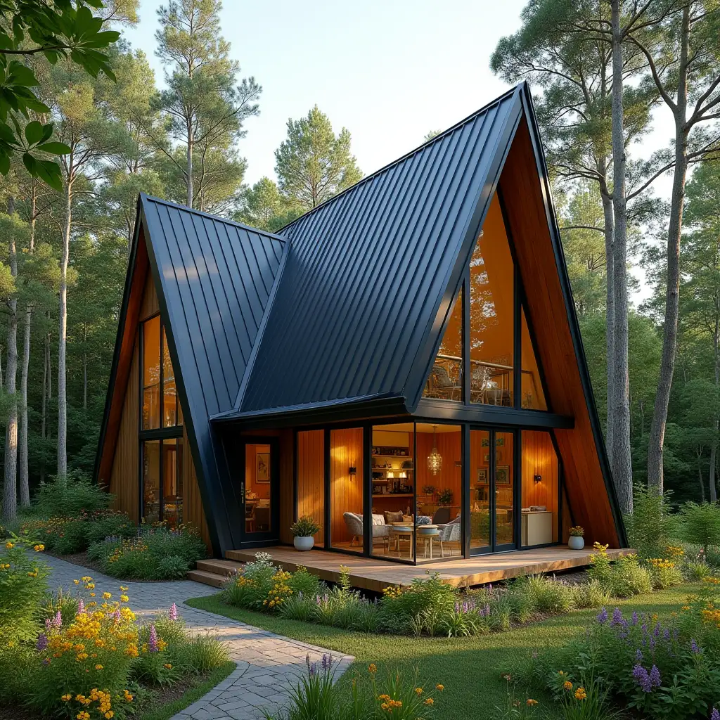 charming tiriangle house clad in wooden black metals and topped with trapezoidal black metal roofing. Huge windows line the sides, flooding the interior with natural light, creating a cozy and inviting atmosphere. The house sits on a serene, wooded lot, surrounded by tall trees and vibrant wildflowers