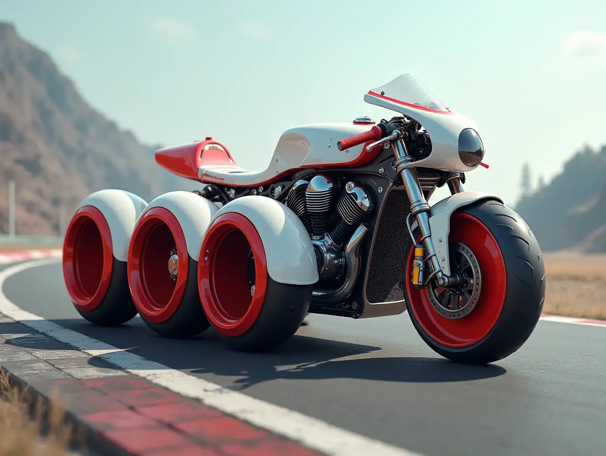 White, red, motorcycle with ten wheels, machine, racing bike, race track, fast, fantasy, Cyberpunk