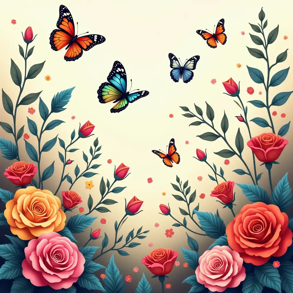 Vibrant-Butterflies-and-Birds-Hovering-Over-Colorful-Roses-and-Flowers