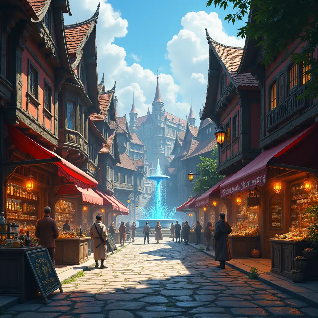 Vibrant-Medieval-Fantasy-Marketplace-in-Aelibra-with-Enchanted-Artifacts-and-Magical-Glows
