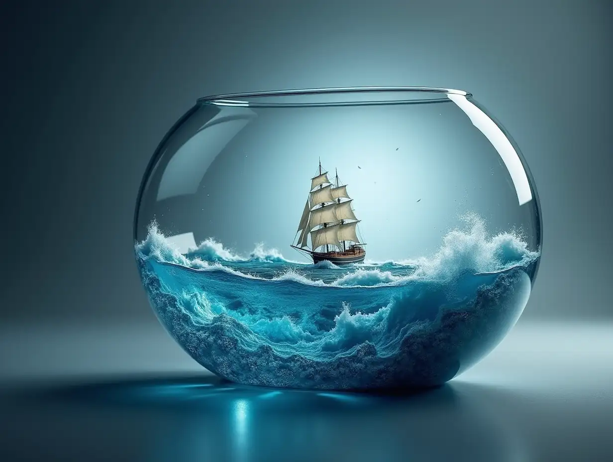 Create an oval glass container with a sea of large waves, a big sailing ship and a 4K resolution flash