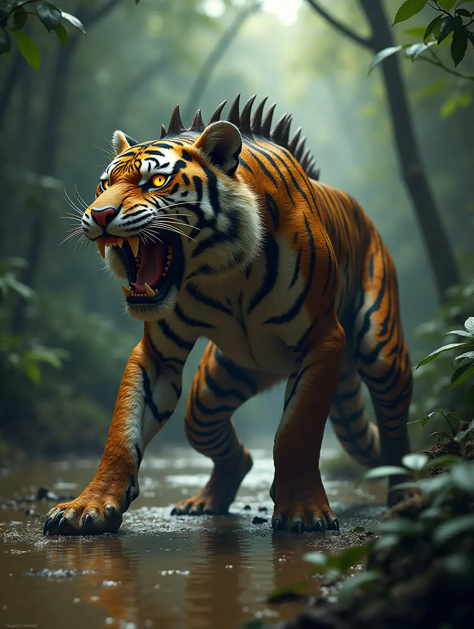 A fearsome hybrid creature emerges from the jungle, combining the tiger’s striped, muscular body with the crocodile’s armored tail and spiked scales. Its glowing yellow eyes and sharp fangs add to its menacing aura. The hybrid creature stands on the same riverbank, with the jungle and muddy river as the backdrop. Hyper-realistic, with intricate textures and lighting.