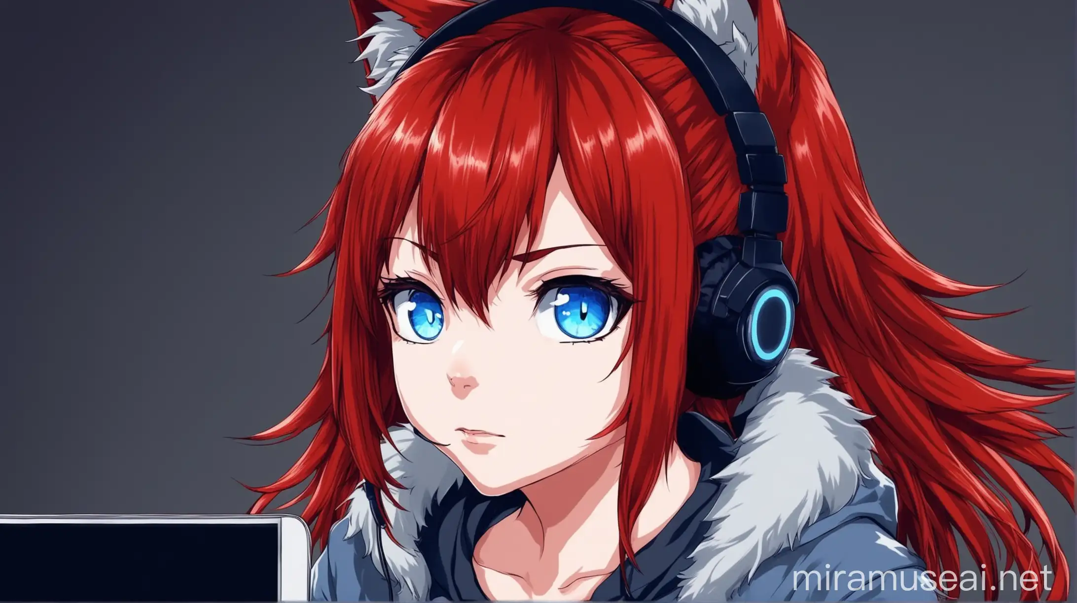 Anime Gamer Girl with Red Hair and Blue Eyes