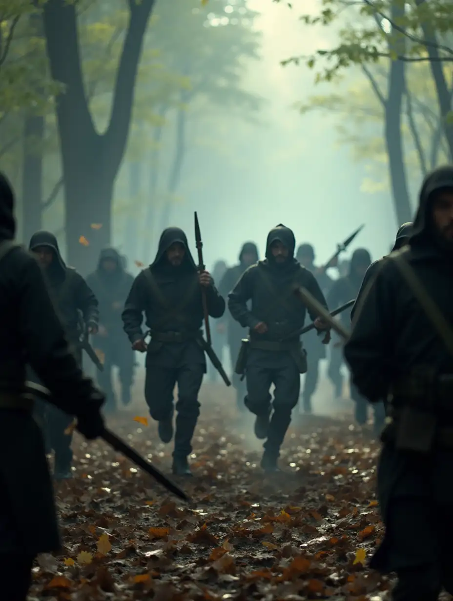 A sudden ambush in a dramatic setting, where attackers emerge from hidden positions. The scene is intense, with figures in dark, stealthy attire rushing forward, weapons in hand, ready to strike. The backdrop is a dense, misty forest, with sunlight filtering through the trees, casting eerie shadows. The air is filled with tension, as startled defenders scramble to respond, their movements chaotic and desperate. Leaves and dirt are kicked up in the fray, enhancing the sense of sudden violence and unpredictability. The atmosphere is both suspenseful and action-packed, capturing the shock of the unexpected attack.